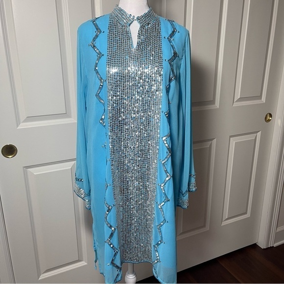 Marisol of India Tunic Dress Blue Chiffon Silver Sequins Embellished Beaded 14 - Picture 16 of 16